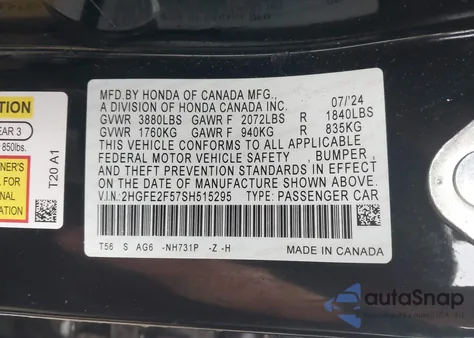 2025 Honda Civic Sport z USA, uszkodzony, nr VIN 2HGFE2F57SH515295